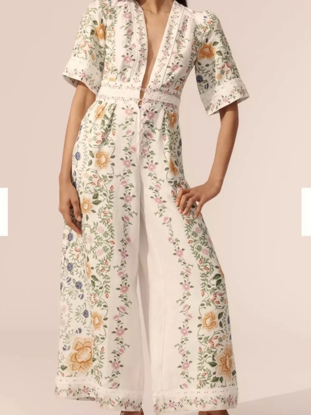 FARM Rio Folk Floral Off White Wide Leg Jumpsuit - Picture 8 of 9